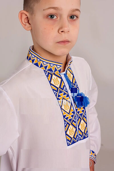 вышиванка на мальчика сине желтой вышивкой с тризубом